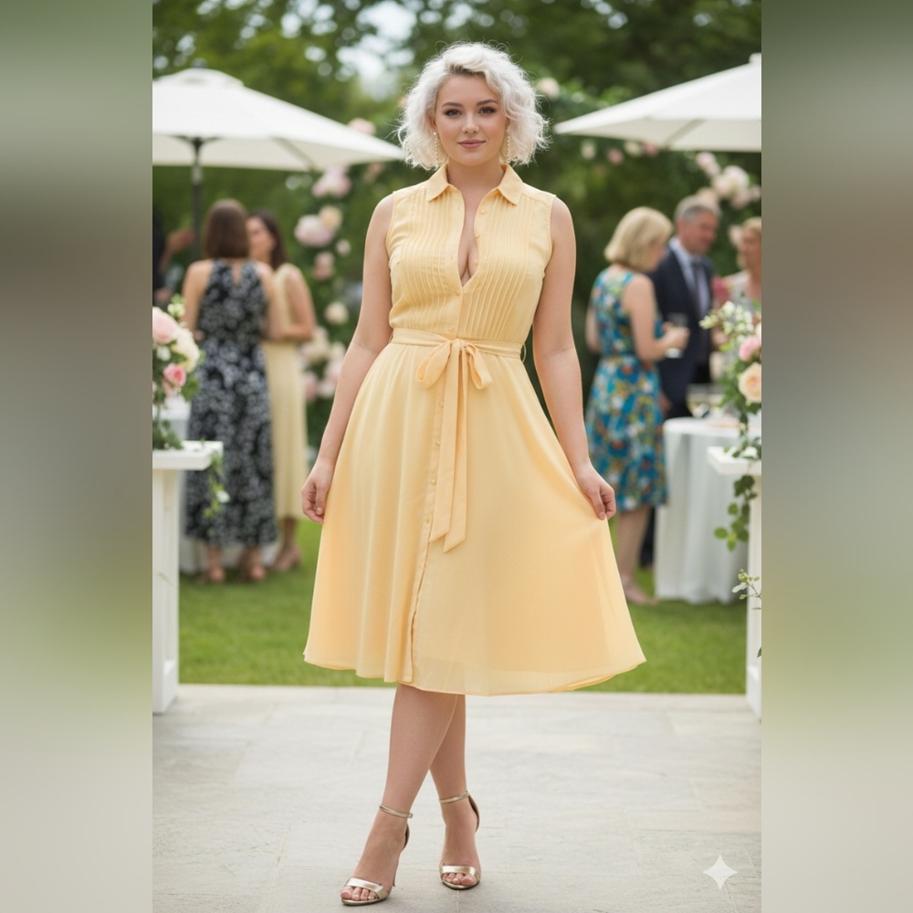 Nanette Lepore💛Yellow FULL BUTTON UP Midi Dress with Tie Waist&Removable Slip 2